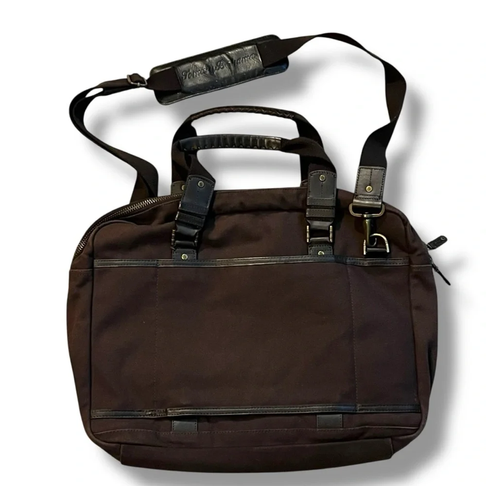 Tommy Bahama Tobago Briefcase Laptop Bag Canvas & Leather Carry Strap Map Lining